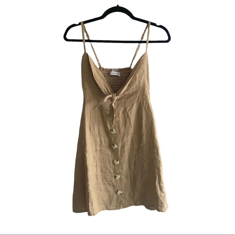 FAITHFULL THE BRAND Linen Sleeveless Button Front Mini Dress Camel M